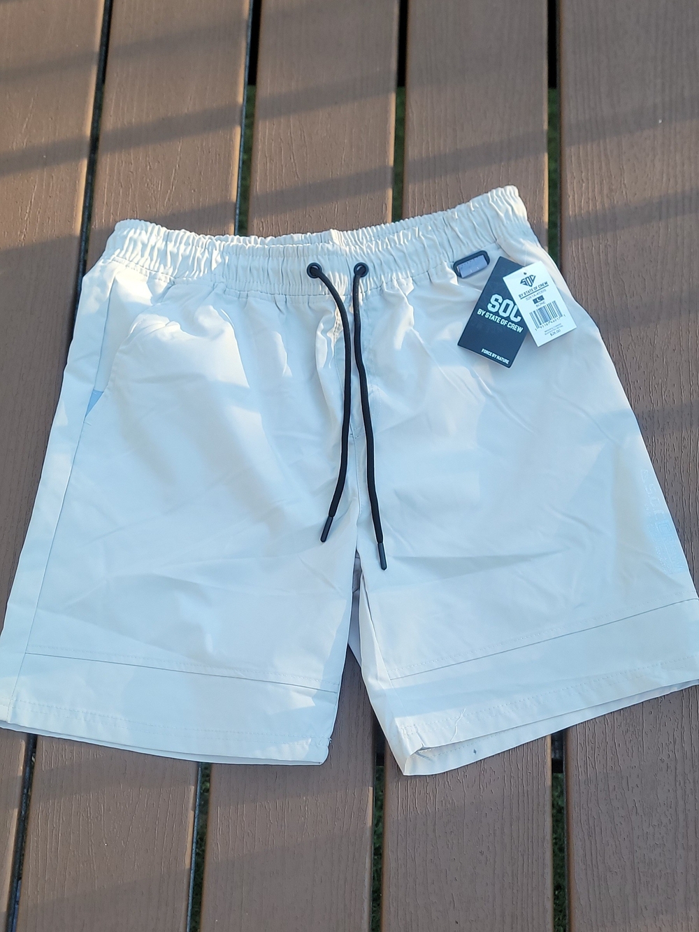 Men's Khaki Flat Front Shorts with Black Drawstring Size L NWT